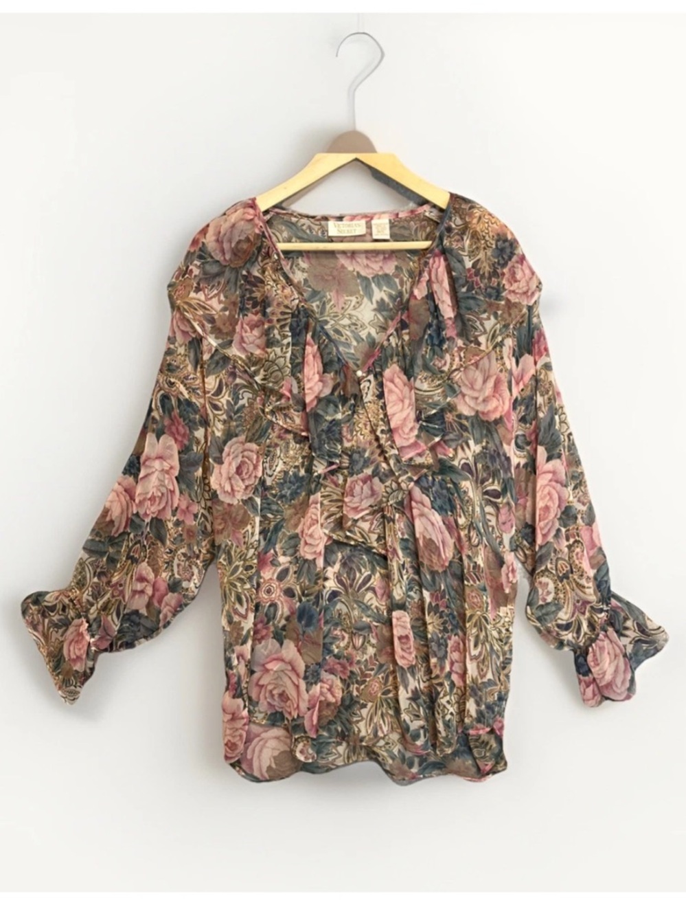Floral Sheer Blouse Top Boho Ruffle Long Sleeve Peignoir VTG Victoria’s Secret